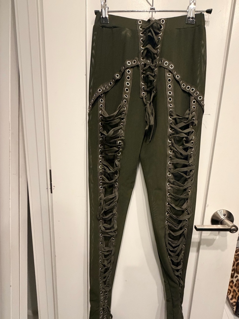 Olive Green Lace-Up High-Waist Skinny Pants